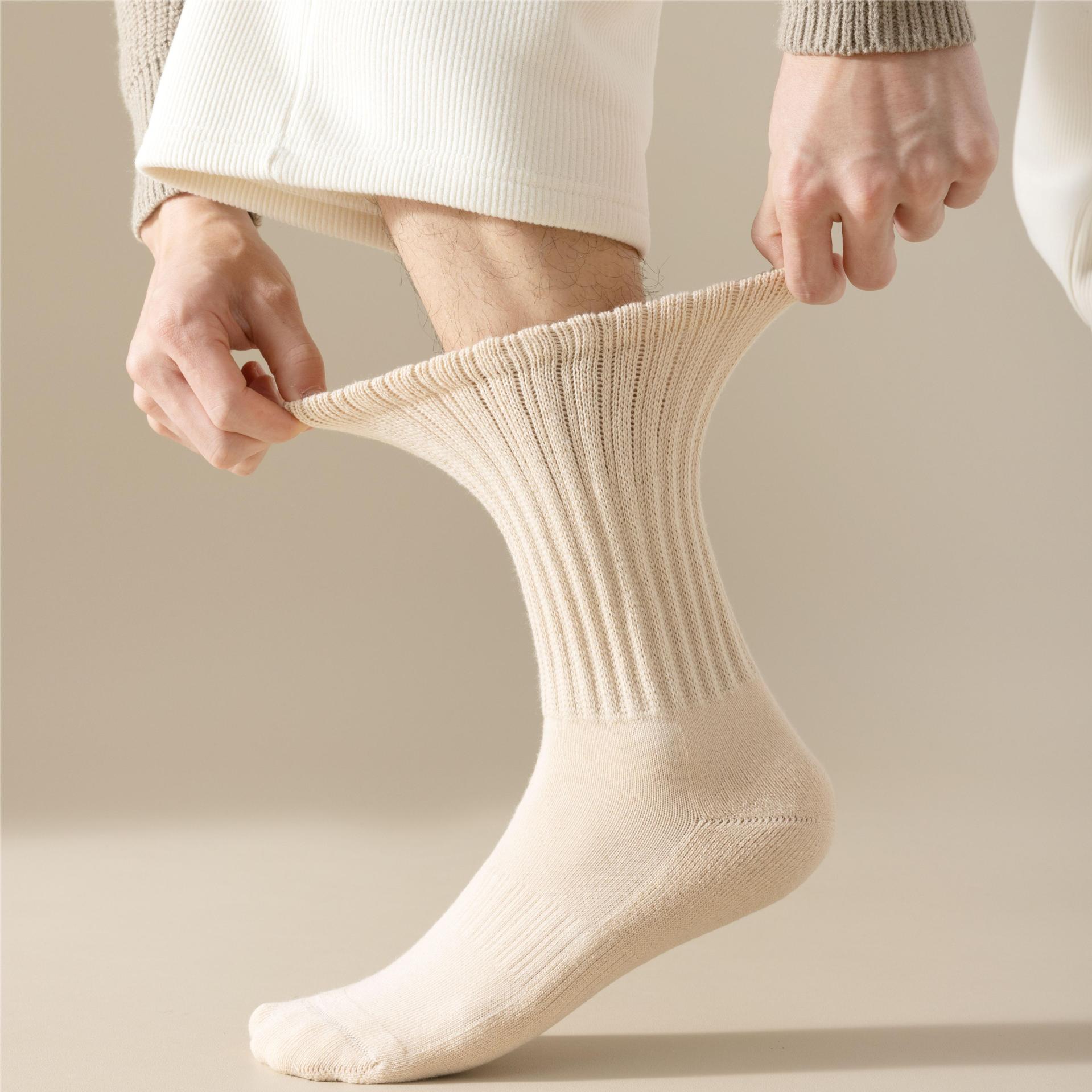 袜子男冬季加绒加厚毛圈纯棉中筒袜纯色保暖毛巾底男士长袜地板袜