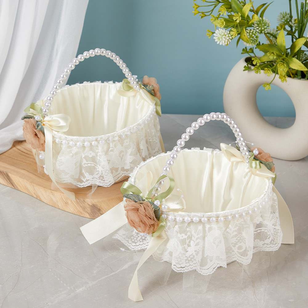 欧式婚礼蕾丝花边篮子婚庆花童布编织珍珠提手花篮桌面水果收纳篮