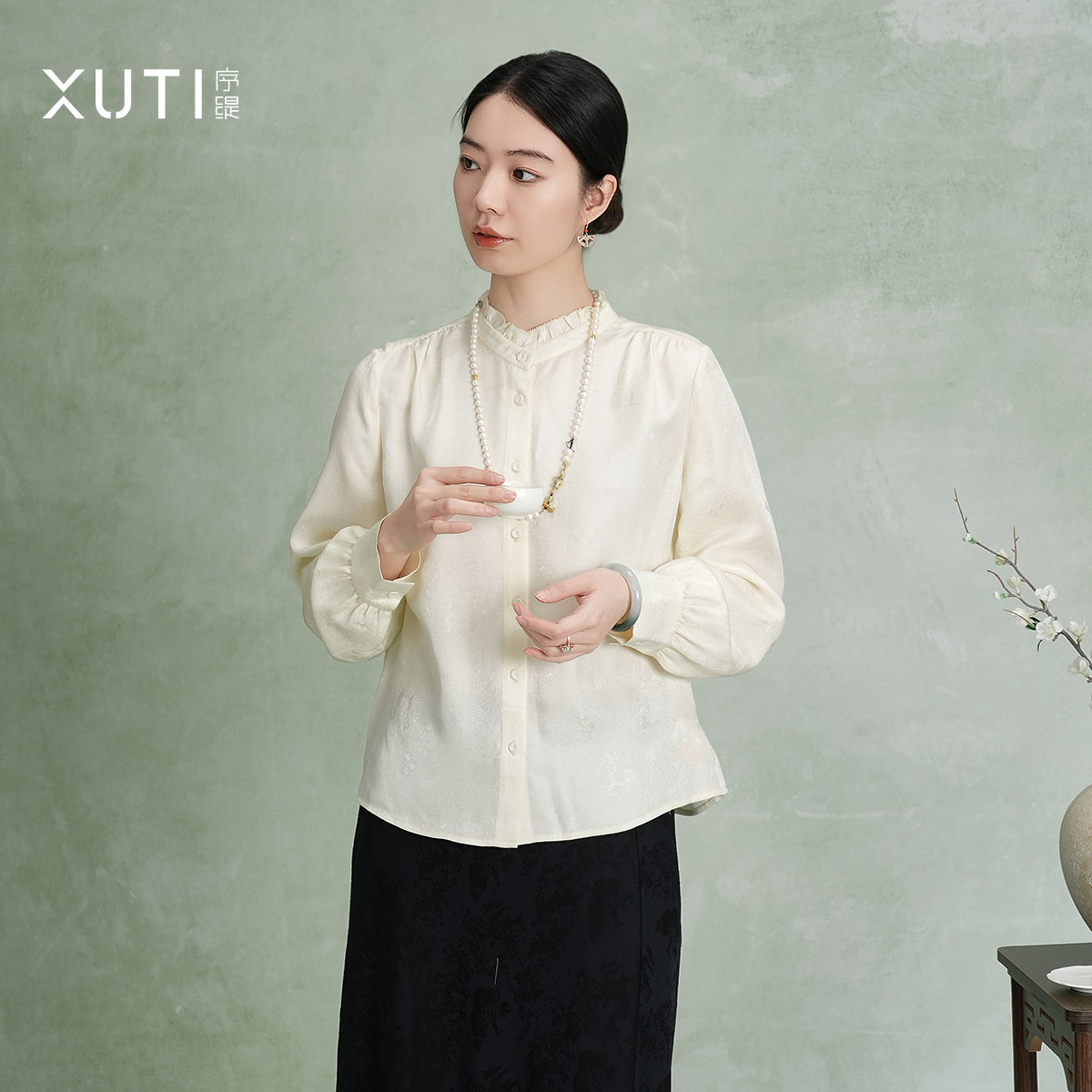 序缇质造新中式桑蚕丝立领长袖上衣女早春新款H105-28231