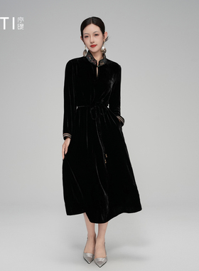 序缇质造早秋新款新中式女装真丝丝绒桑蚕丝连衣裙H18-18307