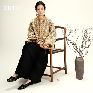 序缇质造 骆驼绒填充 100%桑蚕丝新中式蜀锦外套女冬季H116-25516