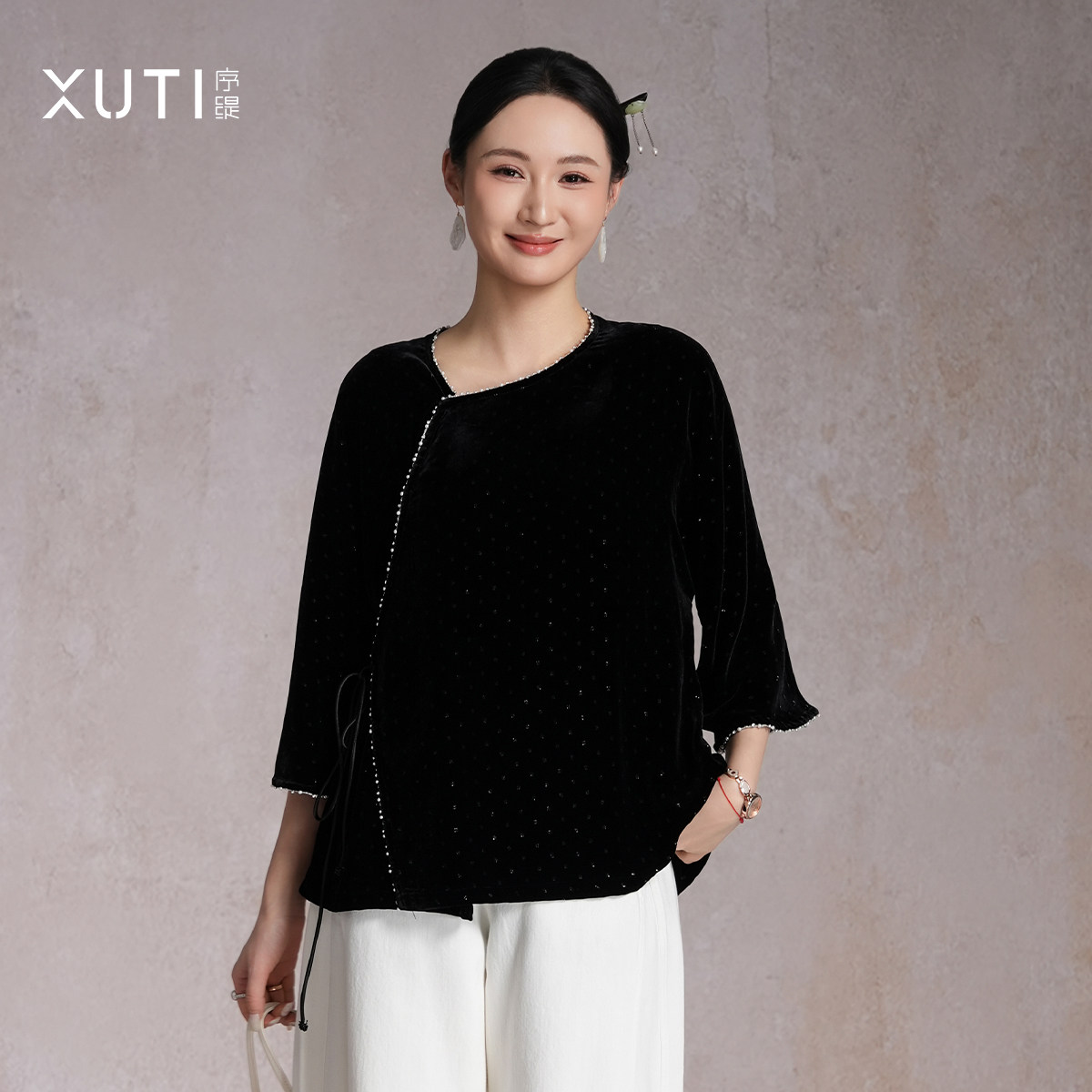 序缇质造『星辰花园』新中式女装桑蚕丝真丝丝绒上衣H67-2050