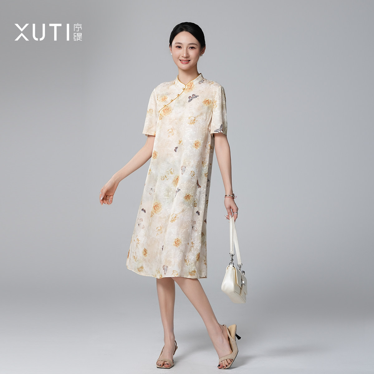 序缇质造新中式100%桑蚕丝短袖立领连衣裙女夏季裙子H378-2