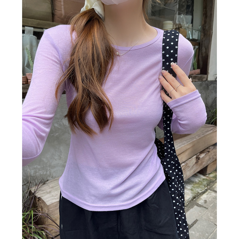 漂亮韩系糖果色圆领微透防晒衫女春夏季长袖薄款修身上衣套0424d