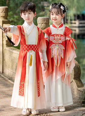 汉服男女童古装唐装演出服书童秋儿童武侠红色古风表演服2026新款