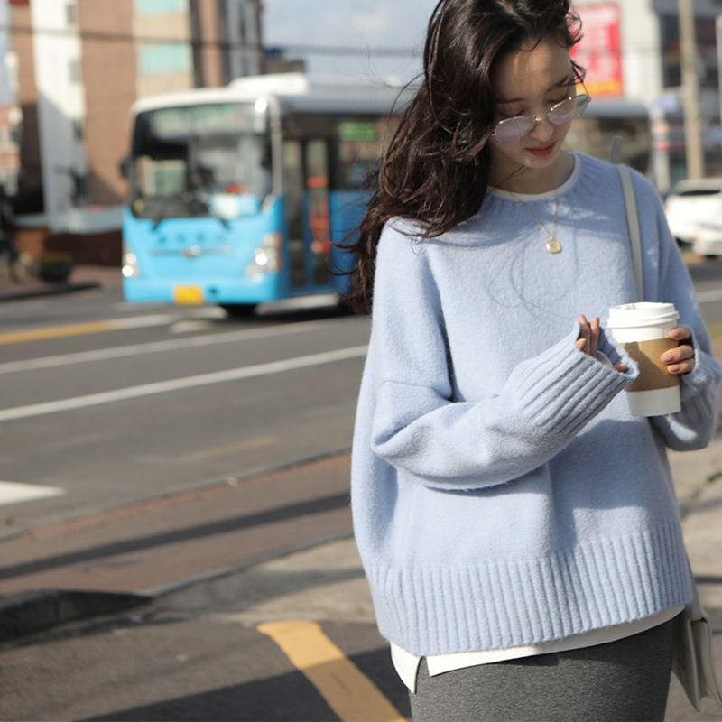2024秋冬新h款马海毛软奶蓝z色毛衣女宽松慵懒软糯内搭打底针织衫