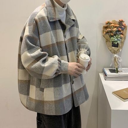 格子毛呢大衣男中长款秋季潮流风衣E潮牌宽松冬季加厚呢子外套男