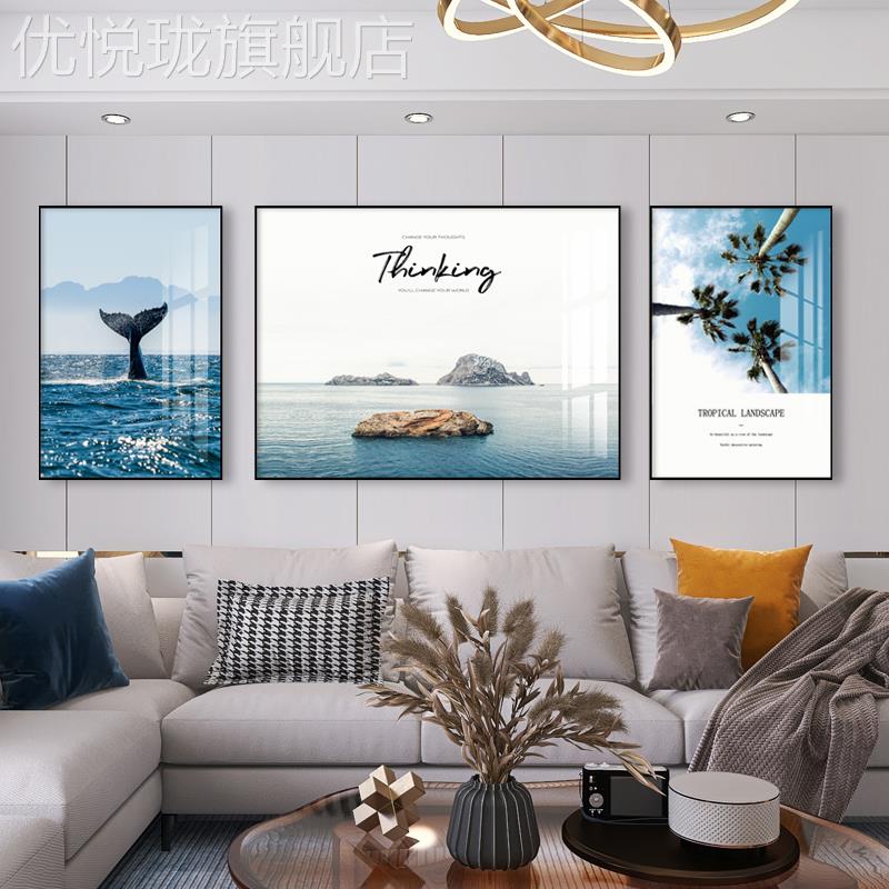 网红现代约客厅装饰三联画海景沙画发背景墙N挂简画大气墙画晶瓷图片