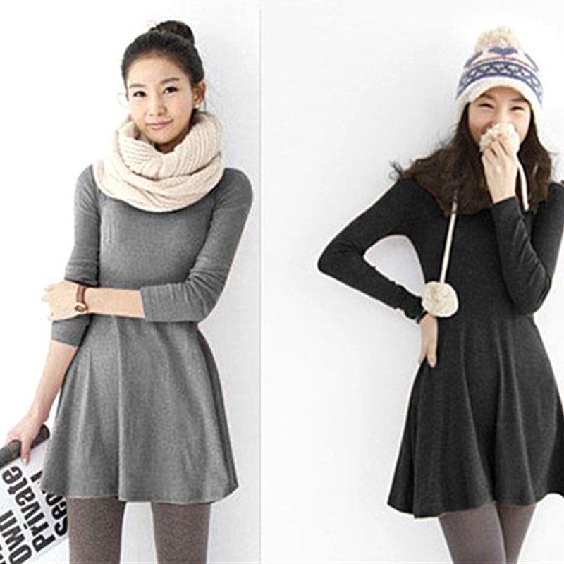 显瘦秋冬新款女装韩版洋装磨毛棉长袖中长版大尺S码圆领a字打底裙