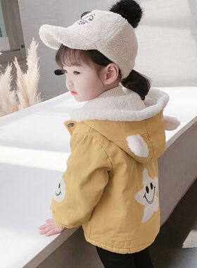 女童外套加绒连帽2021年秋冬新款韩版儿童洋气Q女宝宝冬装棉服加