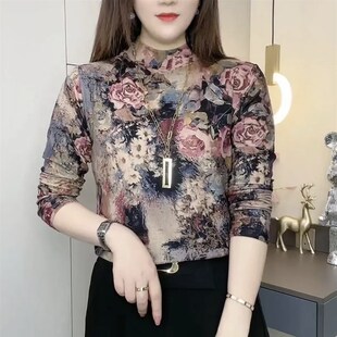 时尚印花b加绒妈妈装2022冬新款内搭保暖上衣半高领长袖t打底绒衫