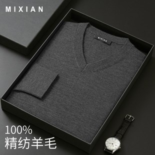 针织打底春秋新款 薄款 男100纯羊毛v领毛衣男士 精纺长d袖 羊毛衫