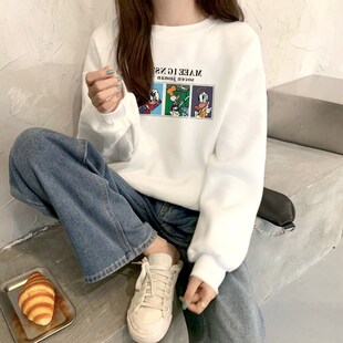 2024春秋新款k韩版白色圆领卫衣女卡通印花宽松上衣学生百搭外套