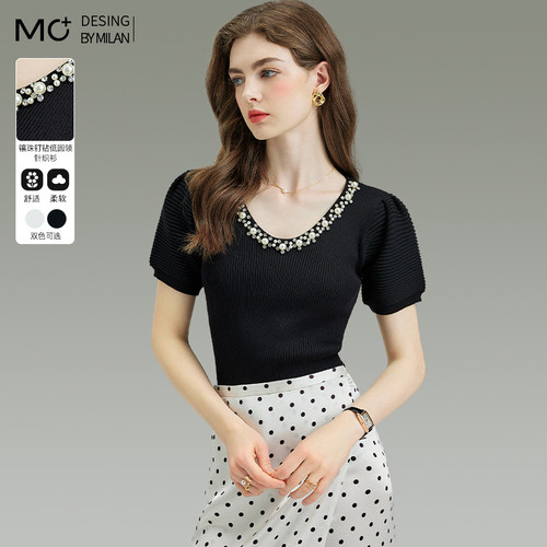 2025夏季新款修身显瘦设计感钉珠V领短袖冰丝针织衫上衣T恤女