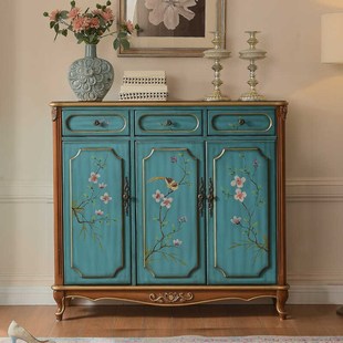 欧式实木家具大容量蓝色鞋柜餐边柜玄关柜储藏物柜门厅柜美式鞋柜