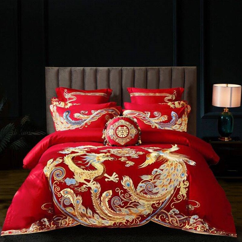 100支婚庆四件套六十全s棉大x红刺绣结婚房床上用品长绒棉件套喜