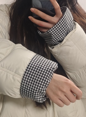 日系袖套高颜值可爱格子袖套秋冬女款办公室羽绒服长款上班族