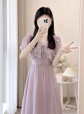 紫色连衣裙女夏2023新款高级感荷叶边仙女裙法式V领收腰显瘦长裙