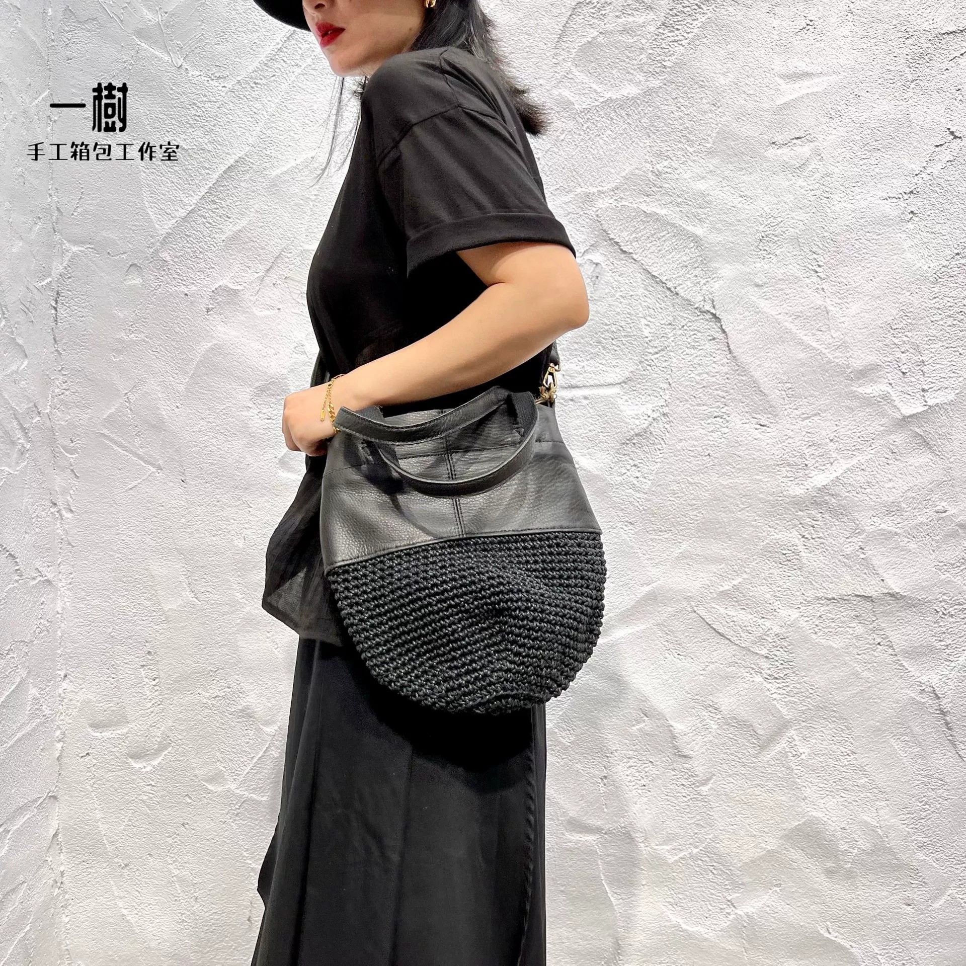 y's原创设计森系复古水桶包亚棉麻手工编织头层牛皮单肩斜跨女包