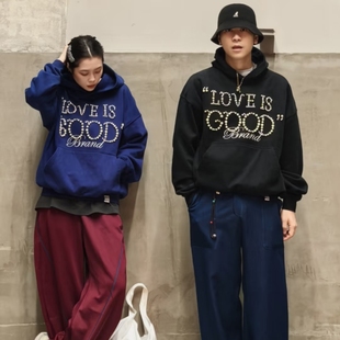 情侣GOOD秋冬款连帽卫衣男女同款珍珠刺绣宽松美式潮牌套头上衣
