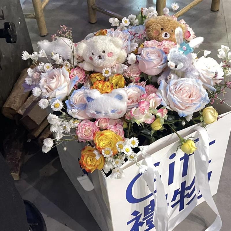 鲜花袋礼物盒花束包装袋教师礼品盒方体袋大号gift手拎袋手提纸袋