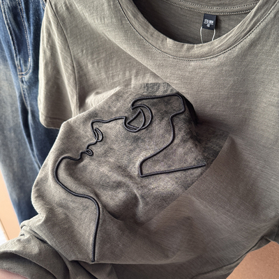 夏季男士简约时尚复古休闲百搭印花刺绣圆领短袖T恤上衣S00477