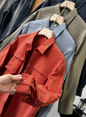 色织千鸟格微皱泡泡纱肌理 男女款休闲翻领夹克外套潮50289