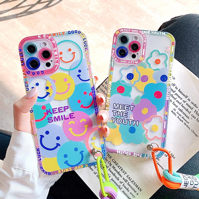 Colorful Flowers Smile Strap Lanyard Phone Case For iPhone