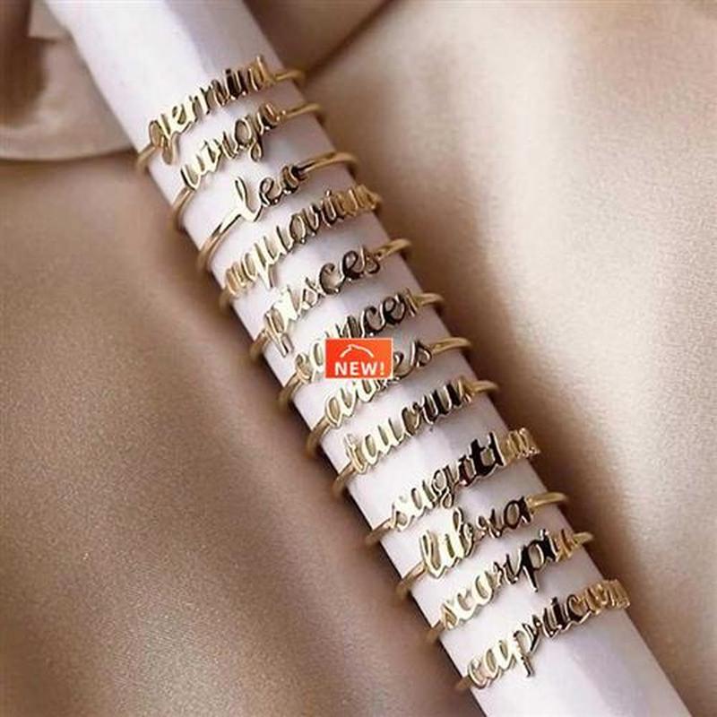 Minimalist thin Open Gold 12 Star Signs Finger Rings