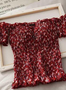 6 Colors Print Stchy Flower Shirt Summer Sweet Ruffles Slash