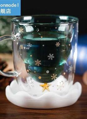 00ML Double Layer Christmas Glass With Lid Milk Mug Christm
