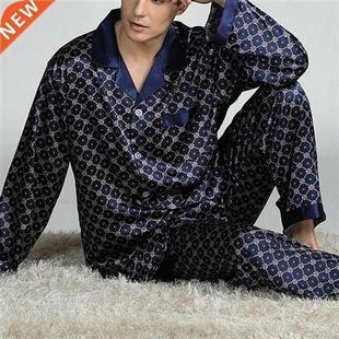 Puimentiua Spring Men Sleepwear Long Sleeve Satin Pajama Set