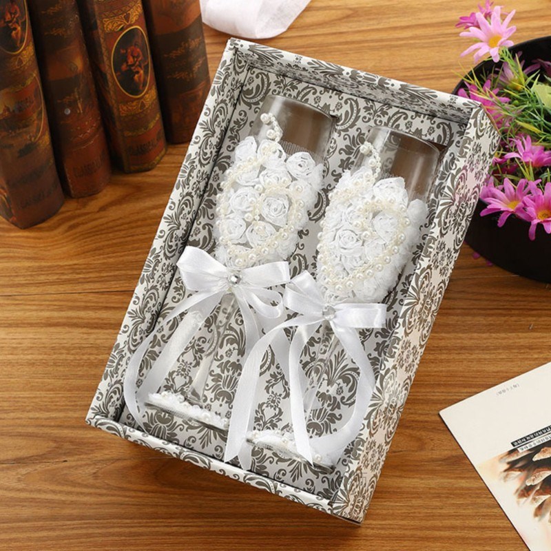 1 Pair Of Bridal And Groom Champagne Flutes Elegant Flower I