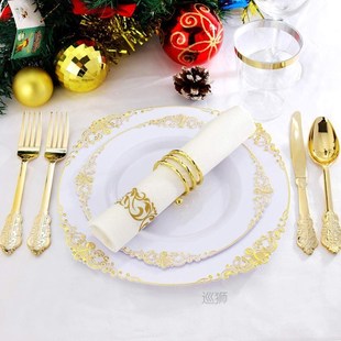 60 Pcs White and Gold Plastic Plates and Gold Plastic Silve
