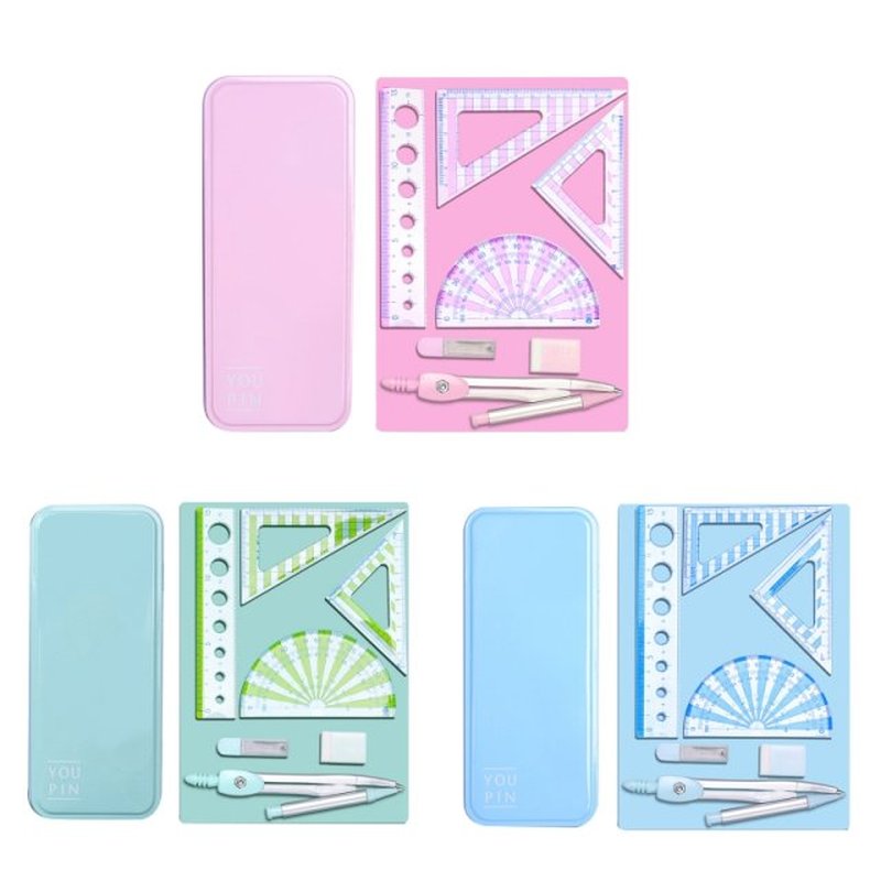 7Pcs Compass Protractor Ruler Set with Portable Box Geometry