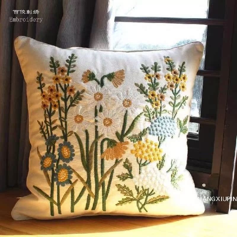 Embroidered European Pastoral Floral Cushion Cover for Sofa