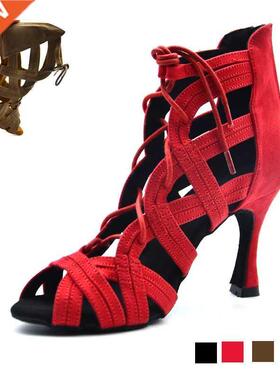 New Woman High Top Latin Dance Shoes Black Red Soft Sole Bal