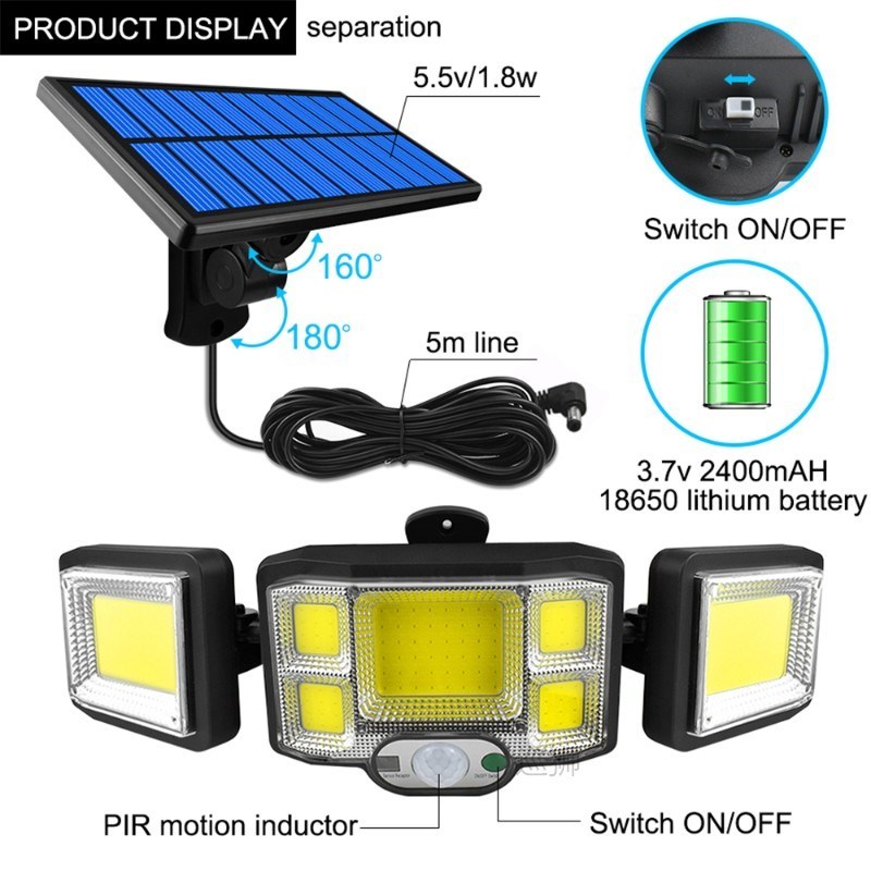 96/168 LED Remote Control Solar LED 3 Head Wall Lamp Inducti