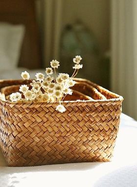 Handmade Straw Dried Flower Fruit Pot Basket Rattan Box