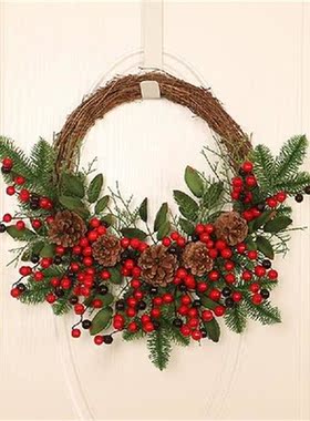 1pc Christmas Rattan Wreath Pine  Branches Berries&Pine