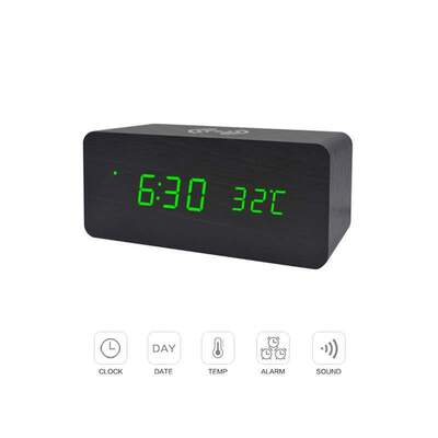 LED Wooden Alarm Clock Watch Table Voice Control Digital Woo
