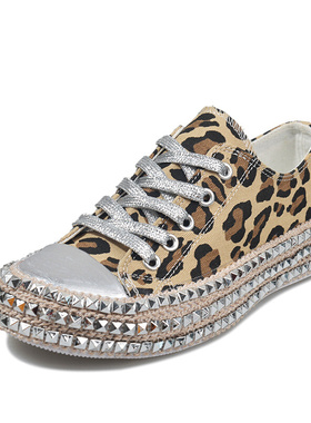 Women Sneakers Leopard Rivets Shoes Women  Shoes Leisure Lac