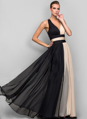 Women's evening dress V-neck splicing gown long