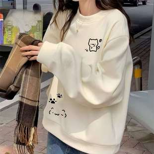 可爱猫咪爪印花圆领卫衣女款秋冬新款中大童加绒加厚慵懒风上衣
