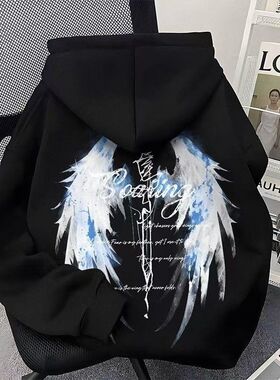 美式街头翅膀印花连帽款卫衣男童秋冬高街加绒中大童复古外套