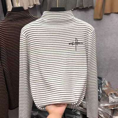 男童条纹德绒打底衫秋冬装英文印花长袖T恤半高领内搭保暖上衣