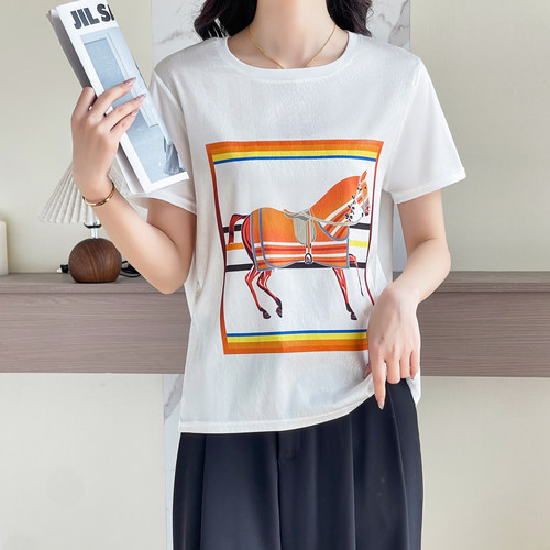 1279夏季时尚圆领短袖女显瘦气质百搭显瘦缎面拼接短袖
