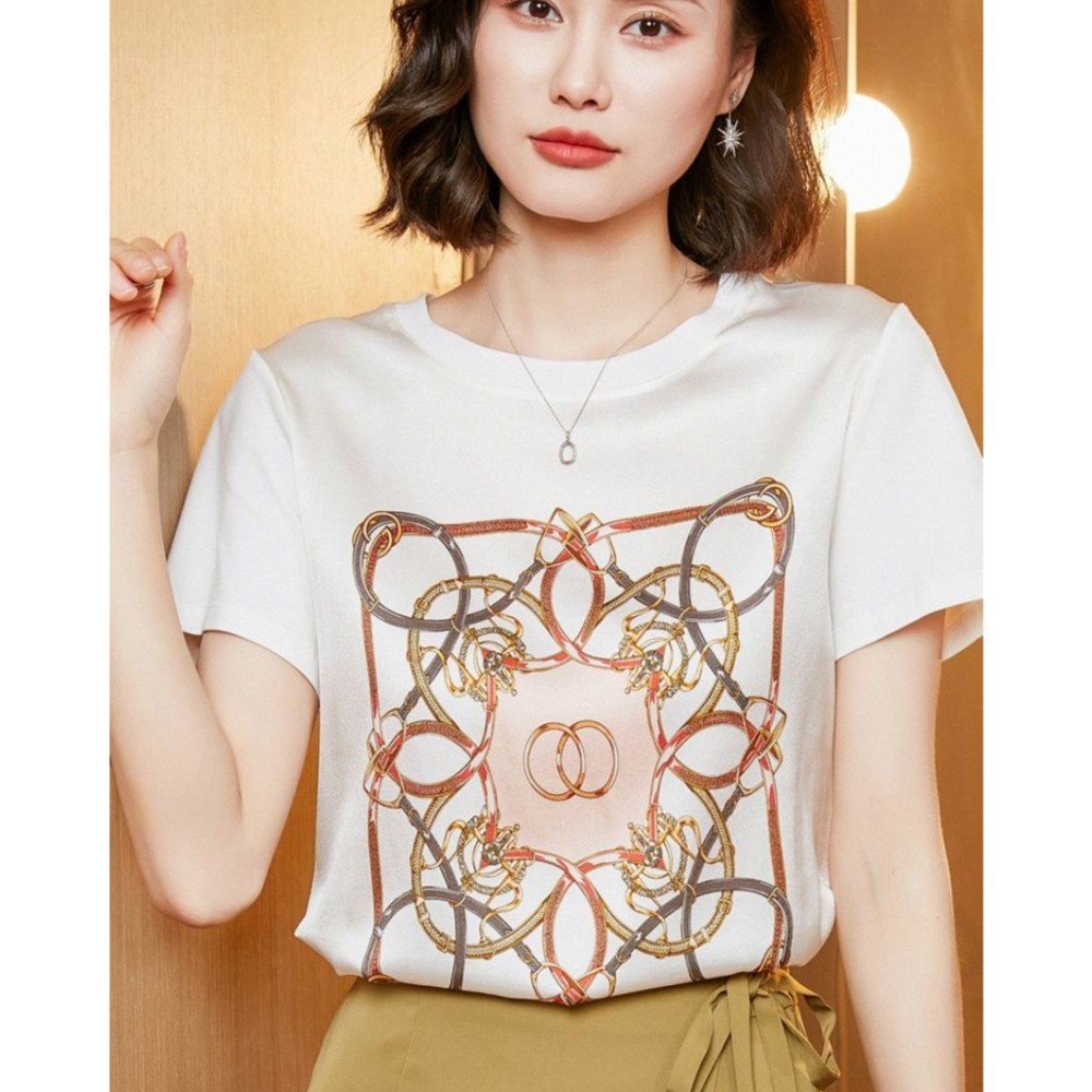 夏季丝滑缎面冰凉感百搭时尚印花休闲女T恤洋气AB拼接短袖1232