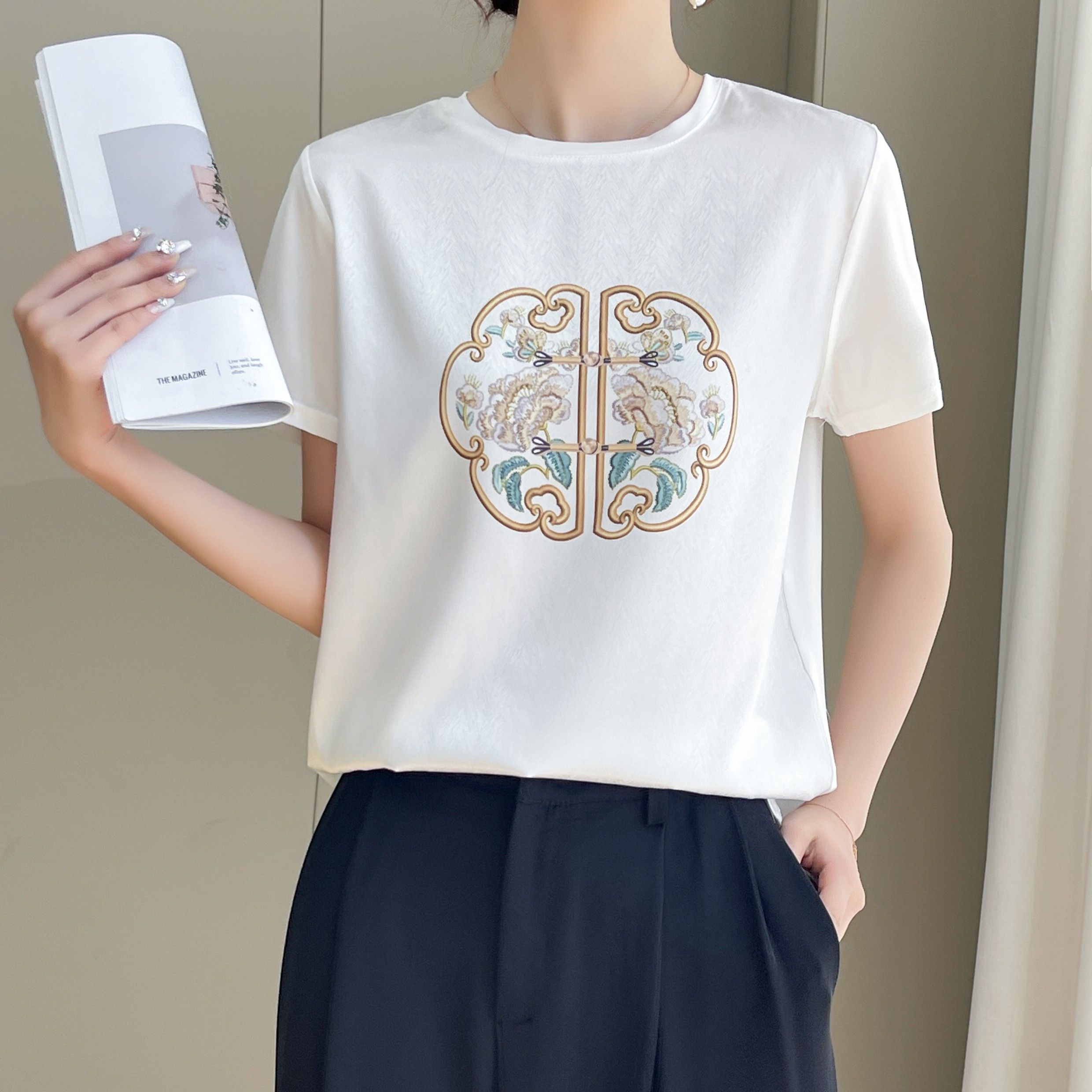 1000夏季丝滑缎面冰凉感女半袖T恤洋气AB拼接短袖
