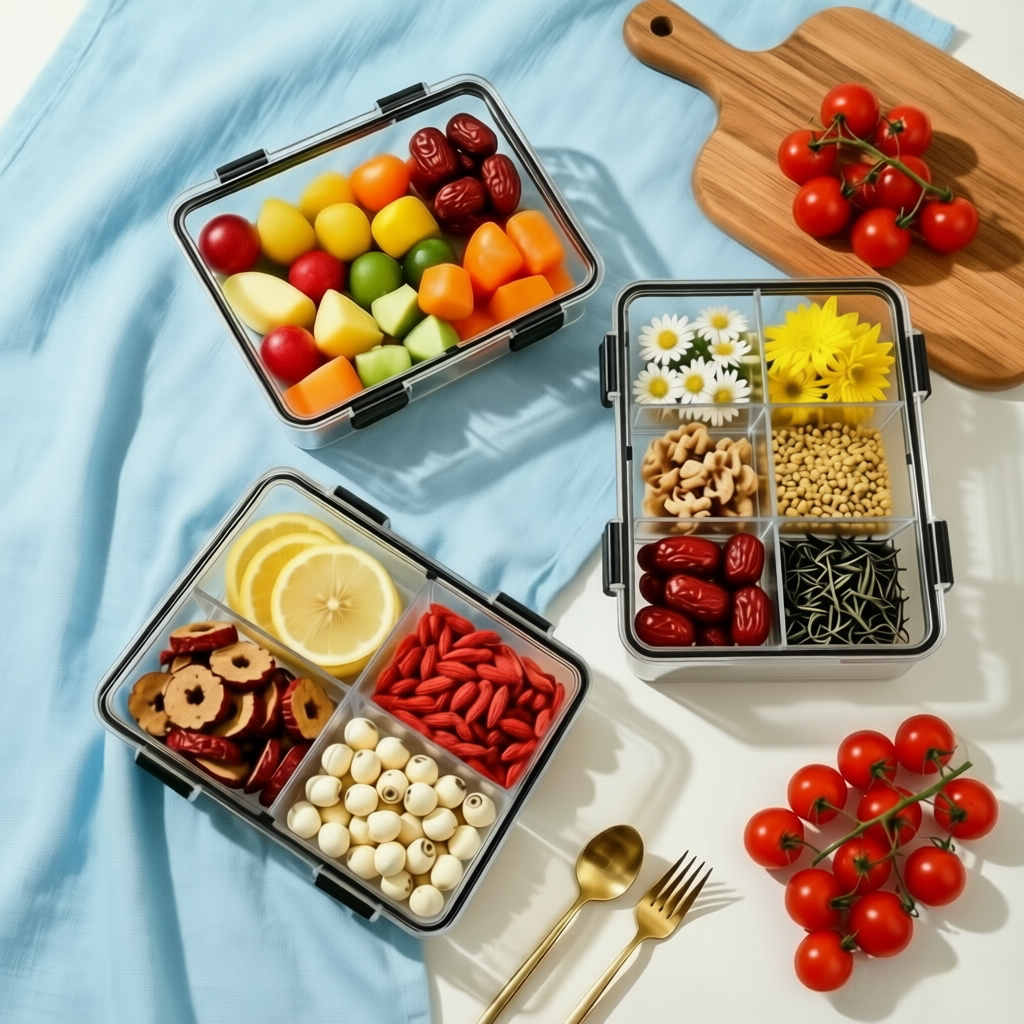 L型花茶分格收纳盒厨房煲汤药材防潮密封盒水果点心透明保鲜盒